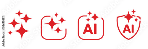 Set of generated AI icons. AI star symbol with a pointed and rounded tip. AI logotype. Artificial intelligence concept. Icon element for app and web. AI icon with shield protected. AI star icon. EPS10
