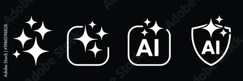 Set of generated AI icons. AI star symbol with a pointed and rounded tip. AI logotype. Artificial intelligence concept. Icon element for app and web. AI icon with shield protected. AI star icon. EPS10
