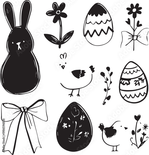 Hand drawn Easter icons featuring bunny eggs flowers and chicks playful design
