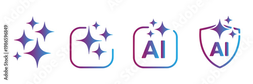 Set of generated AI icons. AI star symbol with a pointed and rounded tip. AI logotype. Artificial intelligence concept. Icon element for app and web. AI icon with shield protected. AI star icon. EPS10