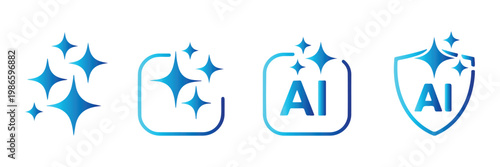 Set of generated AI icons. AI star symbol with a pointed and rounded tip. AI logotype. Artificial intelligence concept. Icon element for app and web. AI icon with shield protected. AI star icon. EPS10
