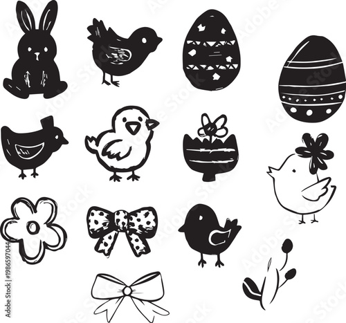 Hand drawn Easter icons featuring bunny eggs flowers and chicks playful design