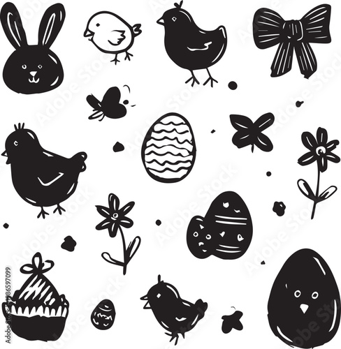 Hand drawn Easter icons featuring bunny eggs flowers and chicks playful design