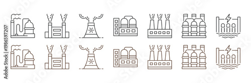 Industrial energy and power plant collection with factory manufacturing buildings and renewable hydroelectric dam icon vector illustration.