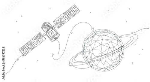 Continuous Line Art AI Satellite Orbit Digital Planet Space Technology Minimal Illustration
