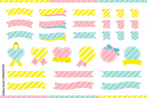 パステルストライプのかわいいリボン＆バッジ素材セット イエロー・ピンク・ミントのギフト向け販促装飾ベクター