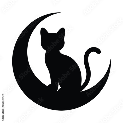 Black cat sitting on crescent moon