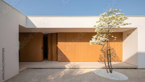 Modern Courtyard Entrance Minimalist White Plaster Japanese Style Slender Tree White Pebble Bed Warm Walnut Door Bright Blue Sky Ultra-Minimal Ambiance (AI-Generated)