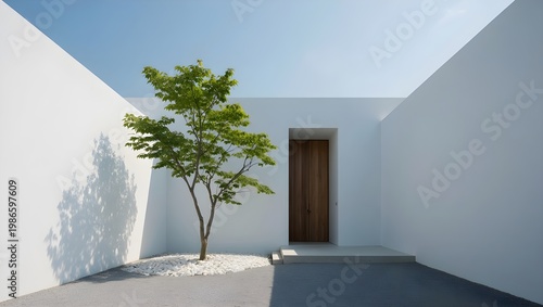 Modern Courtyard Entrance Minimalist White Plaster Japanese Style Slender Tree White Pebble Bed Warm Walnut Door Bright Blue Sky Ultra-Minimal Ambiance (AI-Generated)