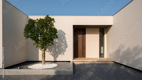 Modern Courtyard Entrance Minimalist White Plaster Japanese Style Slender Tree White Pebble Bed Warm Walnut Door Bright Blue Sky Ultra-Minimal Ambiance (AI-Generated)