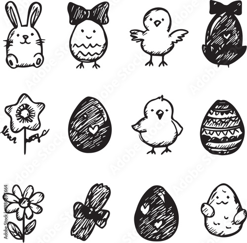 Hand drawn Easter icons featuring bunny eggs flowers and chicks playful design