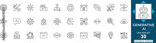Generative AI line icon set featuring artificial intelligence, machine learning, chatbot, neural network, creativity, robot, and automation. Professional editable vector illustration