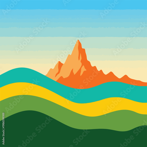 A mountain landscape with colorful layered hills
