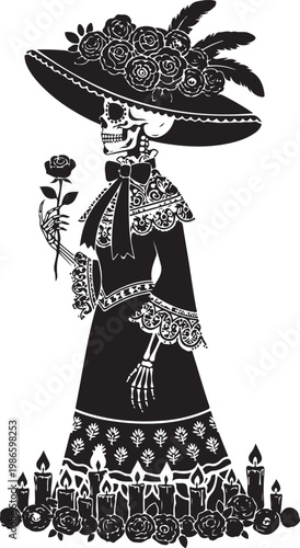 Elegant silhouette of a woman in a large hat and dress, Generative Ai