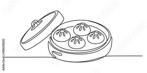 Continuous line drawing of traditional chinese dumplings in a bamboo steamer with an open lid Vector, illustration