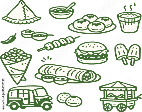 Indian Street Food Vector Icons - Doodle Style Line Art.
