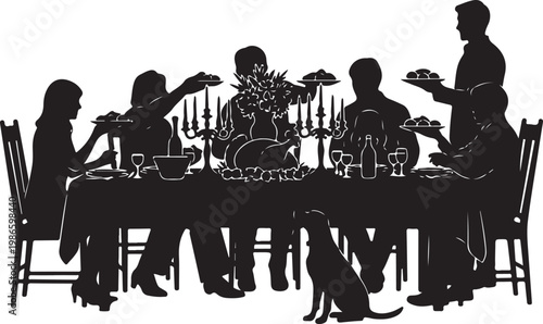 Silhouette of people gathered around a dinner table eating, Generative Ai