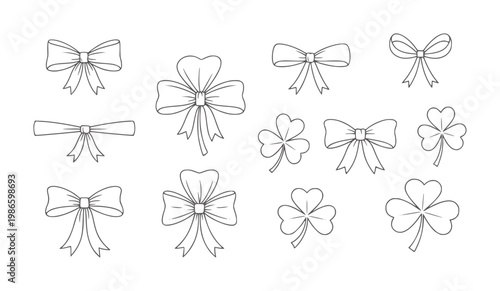 Collection of hand drawn bows and shamrocks white clover ribbon knot