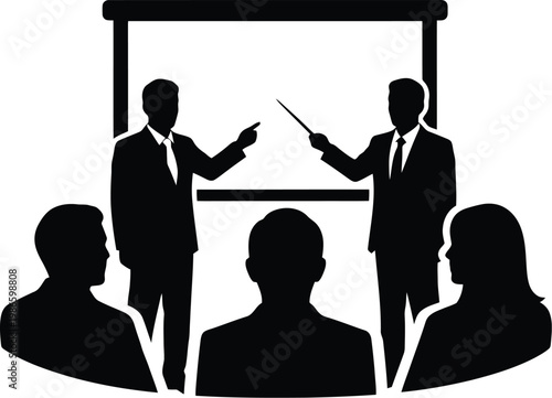 Two business speakers giving presentation or seminar to attentive audience in boardroom.