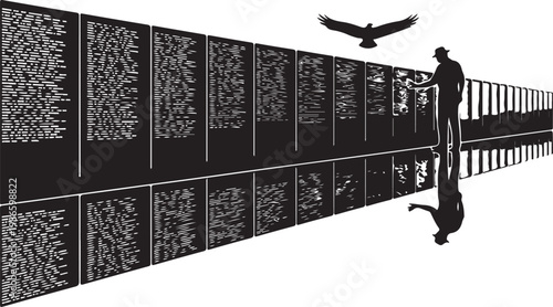 Silhouette of a man walking along a reflective metal fence with a bird flying, Generative Ai