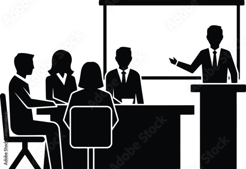 Business presentation silhouetted vector with a speaker addressing a seated audience.