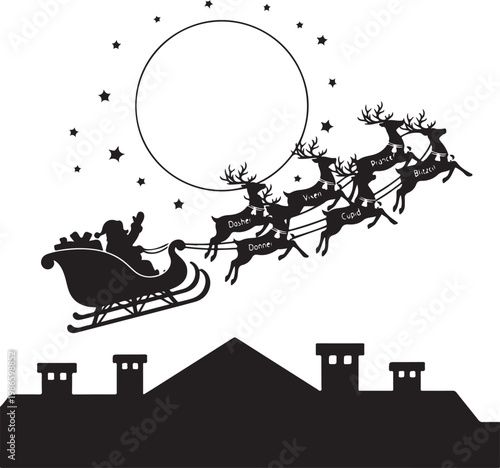 Santa claus in silhouette flying on a sleigh pulled by reindeer under a full moon, Generative Ai