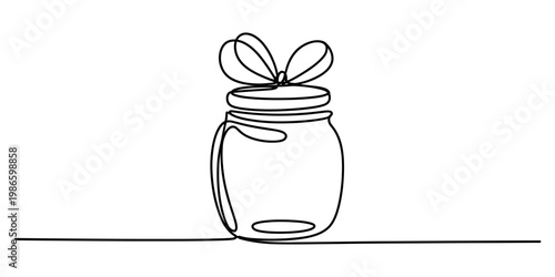 Continuous line drawing of a simple glass jar with a decorative ribbon tied on top of its lid Vector, illustration