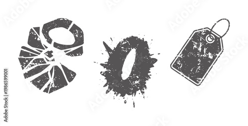 Three distressed dark gray a broken circle a paint splash and a price tag