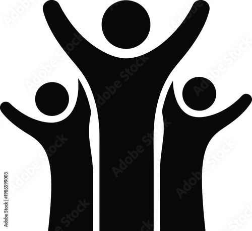 Three people with arms raised in the air celebrating enthusiastically.