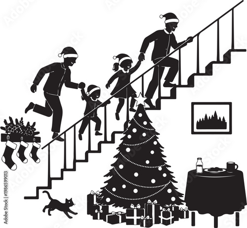 Holiday silhouette of family rushing downstairs on christmas morning, Generative Ai