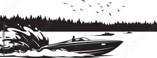 Speedboat, water sports, vector illustration, black and white, speed, racing, boat