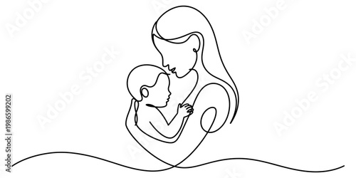 Continuous one line drawing of a mother holding her baby in her arms with love and care Vector, illustration