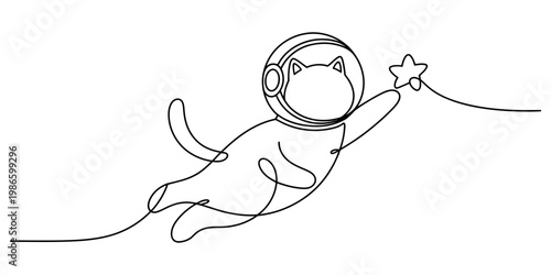 Cute cat astronaut floating in space reaching for a star in a single continuous line drawing style Vector, illustration