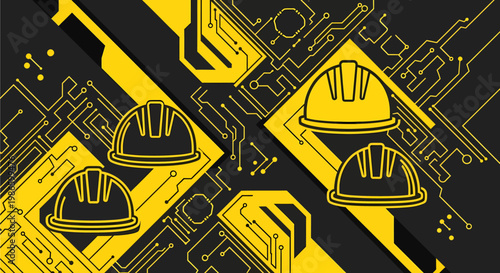 Yellow hard hats and circuit board patterns on a black background, symbolizing safety in technology and industrial engineering.