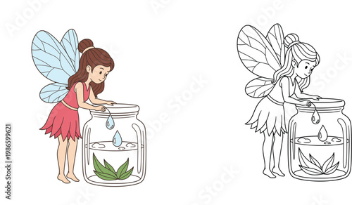 Cute Fairy Girl Looking into a Magic Jar with Leaves and Water Drops Vector Illustration and Coloring Page Set for Kids Activity