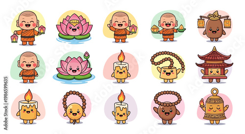 Cute Kawaii Buddhist Monk & Symbols Collection: Lotus, Candle, Pagoda, Prayer Beads