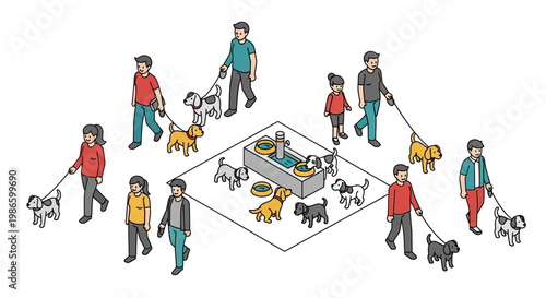 People attending an outdoor festival event with flat vector illustrations of dogs and their owners