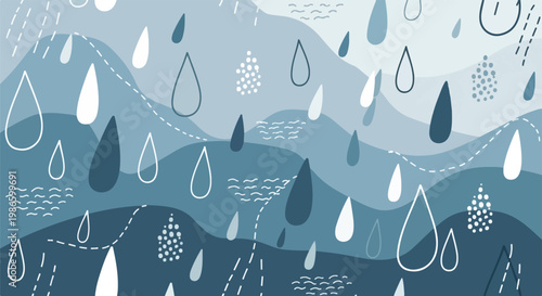 A stylized digital illustration of raindrops falling on wavy hills