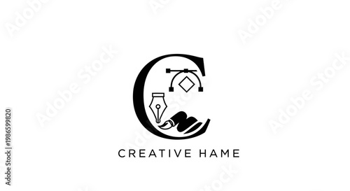 Creative C Logo with Design Tools: Pen, Brush, Vector Icon