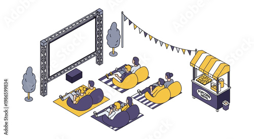 People enjoy a flat vector outdoor festival event with food trucks and games