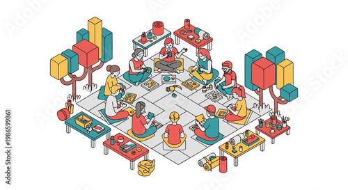 People gather at an outdoor festival event enjoying flat vector illustrations