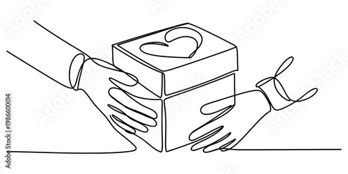 Single line art illustration of two hands holding a gift box with a heart symbol for donation Vector, illustration