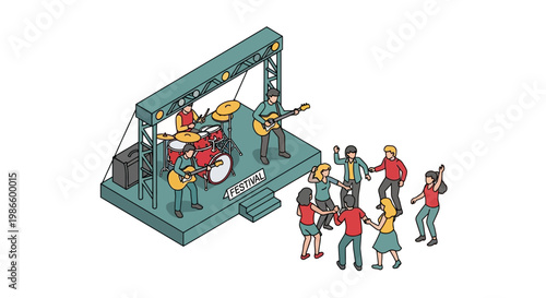 Flat vector illustration of a lively outdoor festival event with a band performing on stage and people dancing around