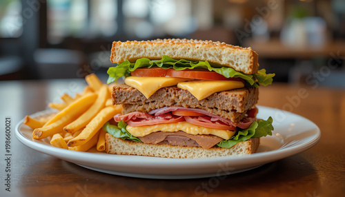 
Club sandwich stacked layers with fries on side modern cafe style