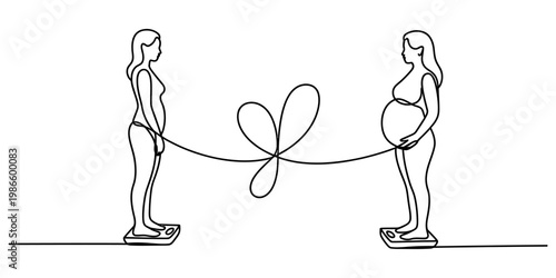Continuous line drawing of a slim woman and a pregnant woman weighing themselves on scales. Vector, illustration