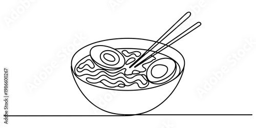 Single line drawing of a bowl of ramen with noodles boiled eggs and chopsticks on white background Vector, illustration