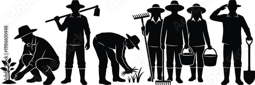 Black silhouettes of farmers and agricultural workers wearing hats using shovel and hoe for farming activities, isolated on white background