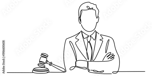 Continuous line drawing of a professional judge sitting at a desk with a wooden gavel. Vector, illustration