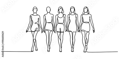 Single line drawing of five fashionable women walking together in a row on white background Vector, illustration