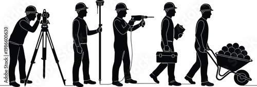 Black silhouettes of various construction workers and engineers using surveyor tools, drill, and wheelbarrow, isolated on a white background